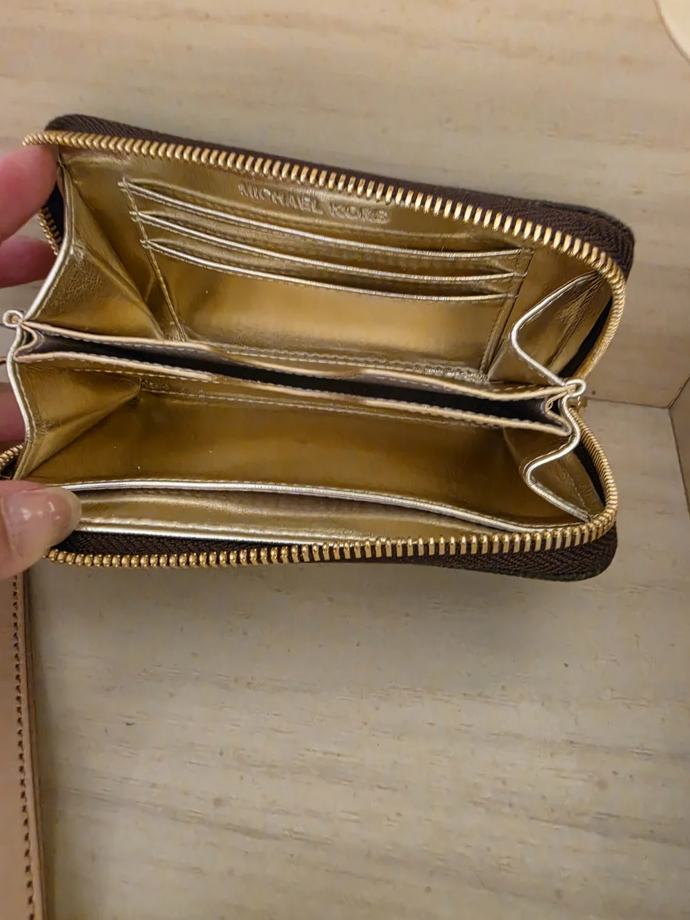 MICHAEL KORS Dark Brown Logo Zip Wristlet with Gold Interior